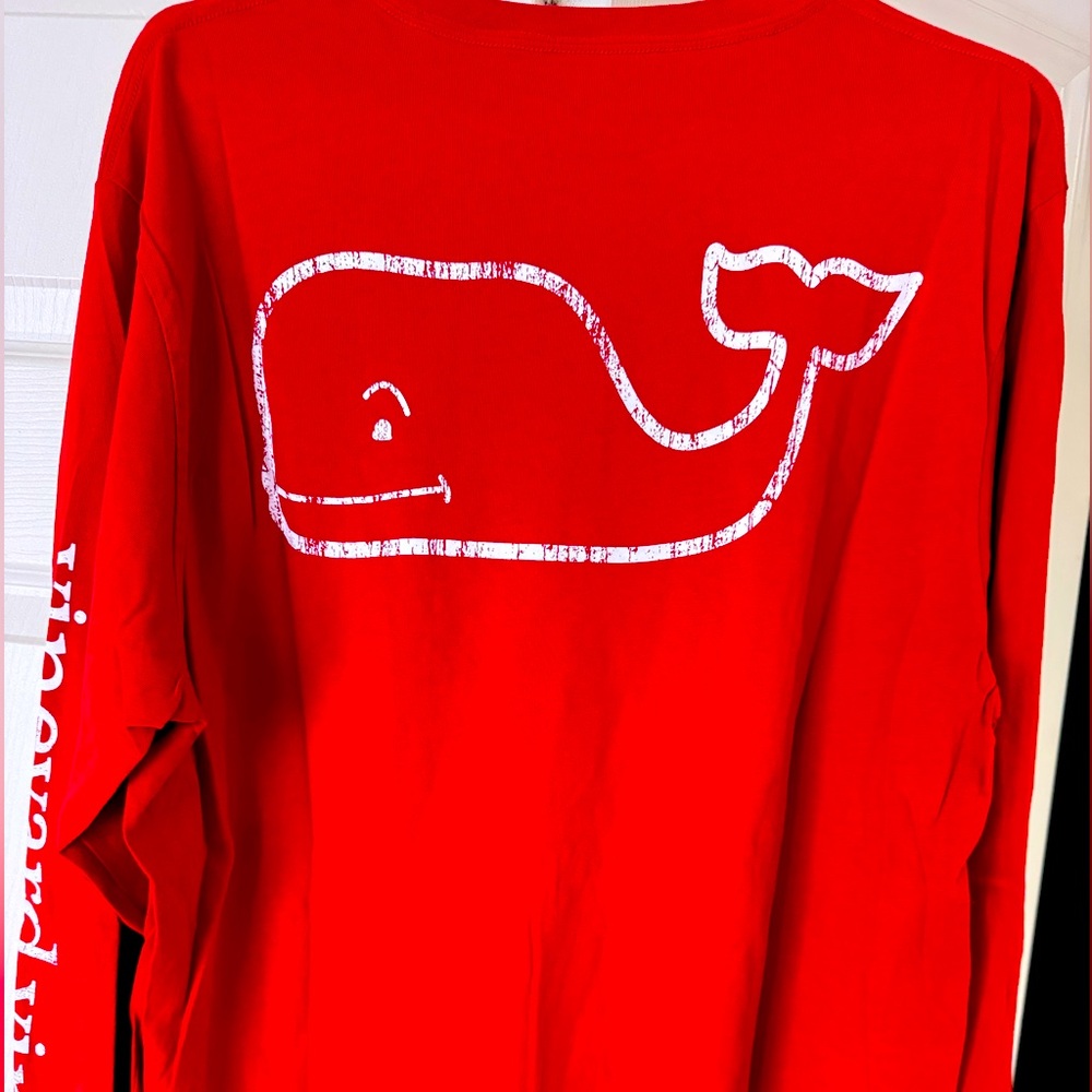 Vineyard Vines red long sleeve shirt with white whale decal on front and back